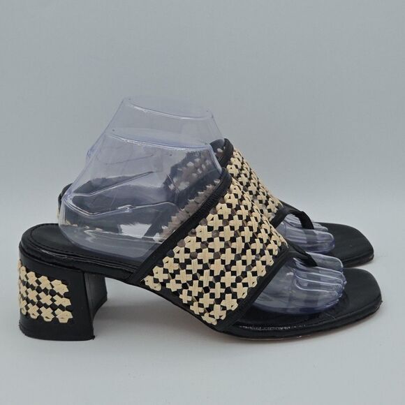 Tory Burch Woven Raffia Block Heeled Mule Sz 10.5 Black Raffia Sandal Slip-On - Picture 7 of 9